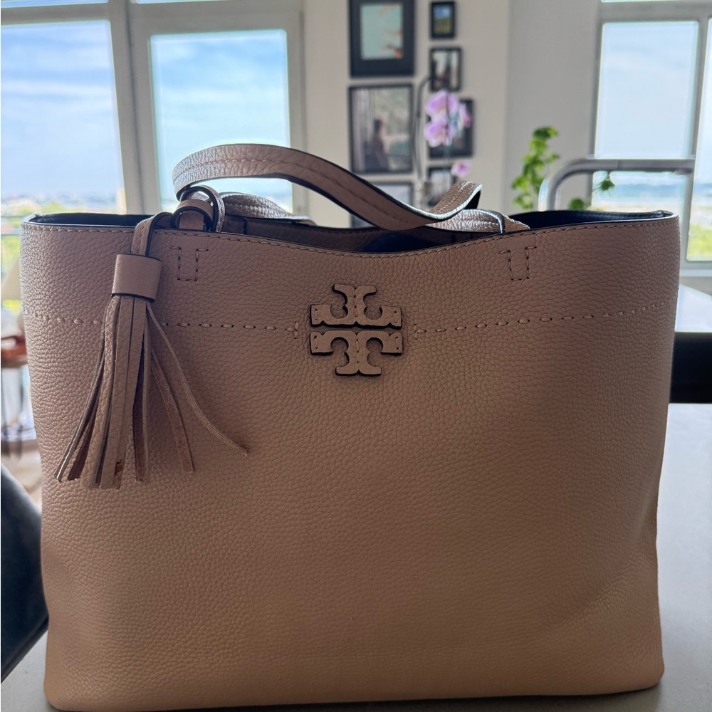 Tory Burch Beige McGraw Leather Tote with Tassel